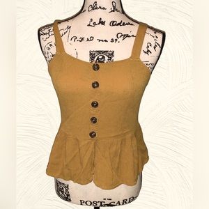 OLM gauze summer top . Lovely mustard , camel color . 1 inch straps  Stretchy S